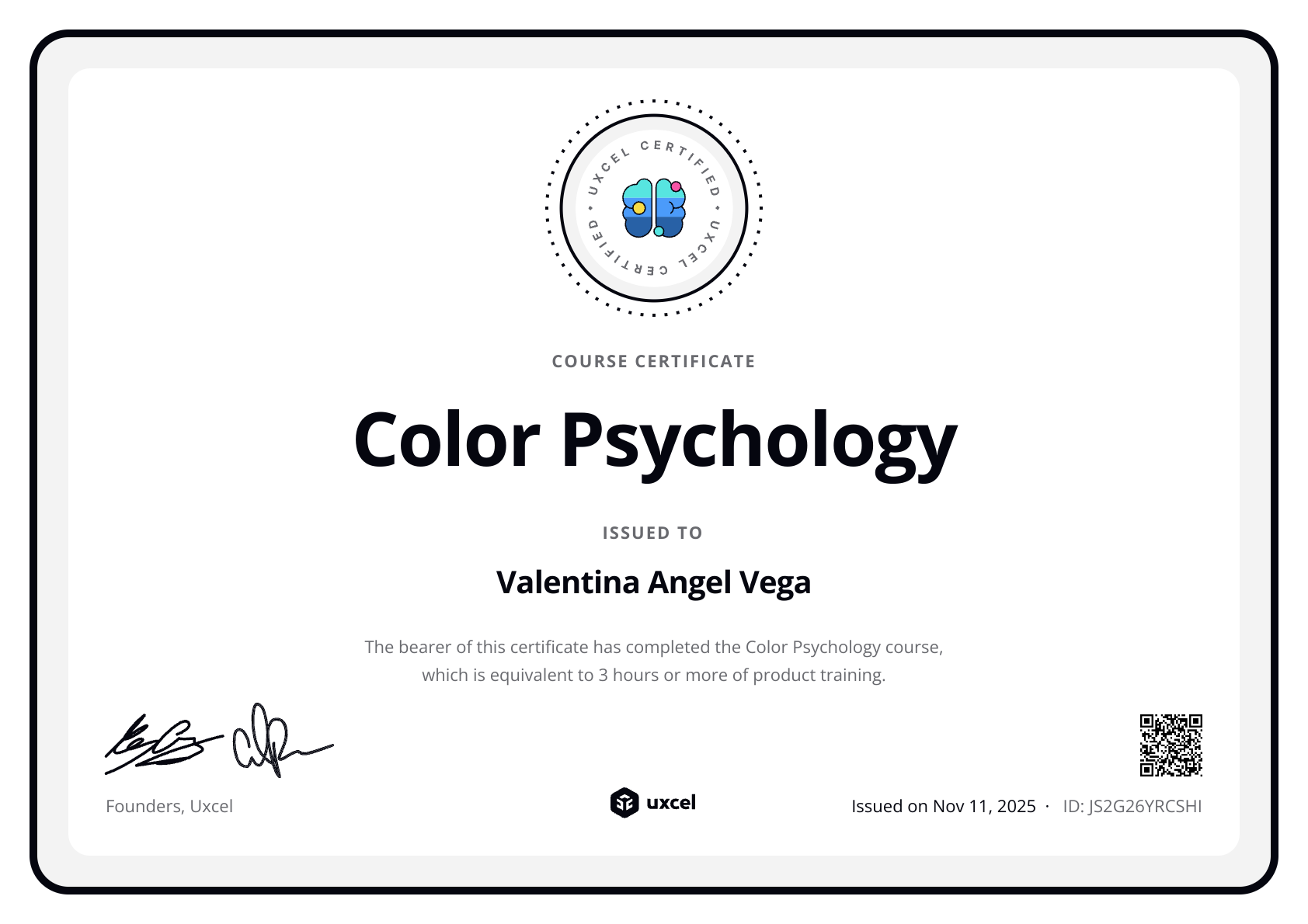 Valentina Angel Vega's certificate